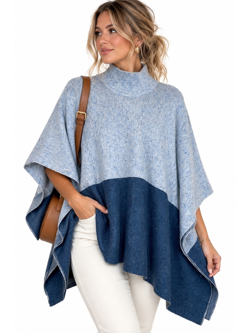Ann Taylor NWT Colorblock Mock Neck Poncho Cape Sweater Blue M/L